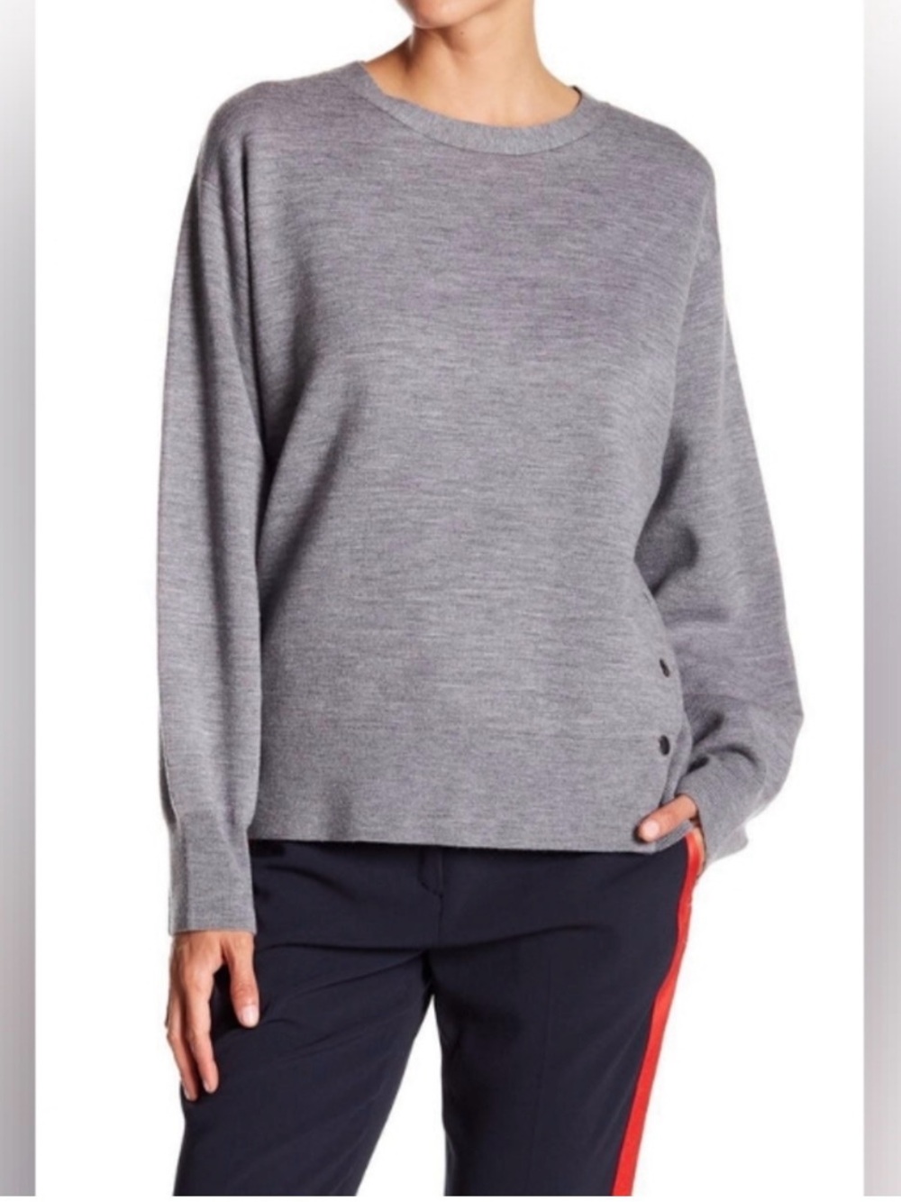 rag & bone Asymmetric Side Snap Gray Merino Wool Sweater Cotton Crewneck Large L